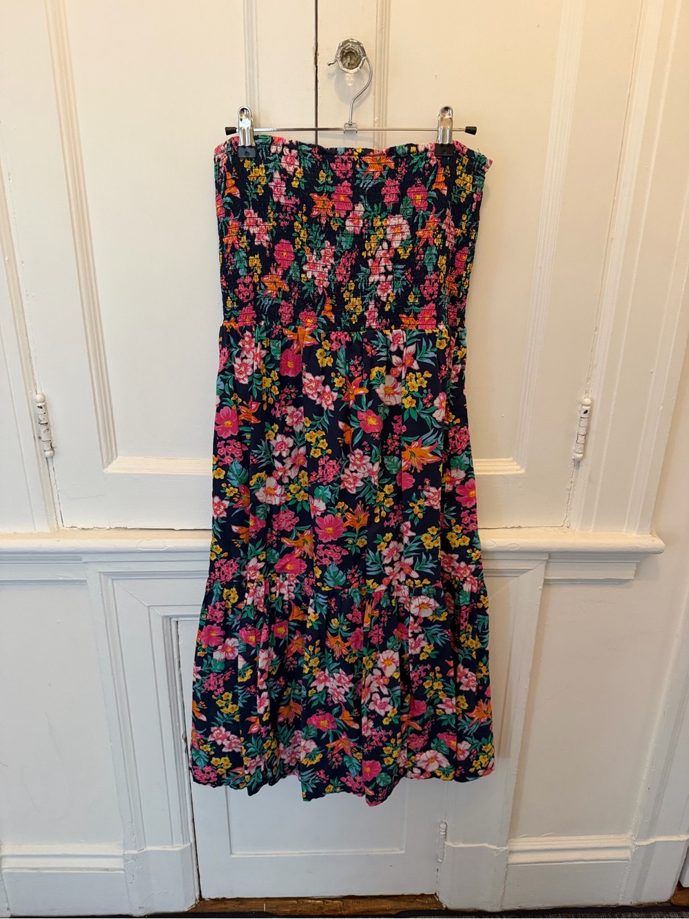 J. Crew Navy Strapless Floral Midi Dress